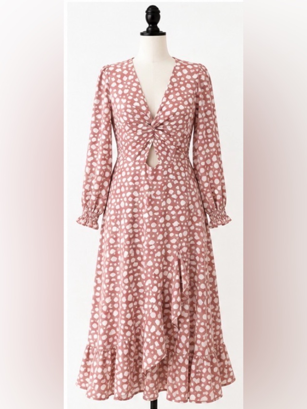 Twist-Front Pink Printed Maxi Dress with Long Sleeves